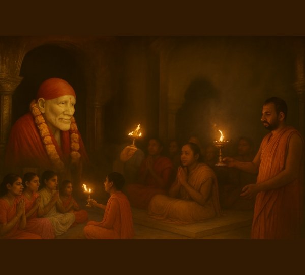 Devotees visiting Shri Sai Baba Temple in Shirdi with Vasantkamal Tours, offering Shirdi tour packages from Ahmedabad by flight, VIP Darshan, Kakad Aarti assistance, 4-star hotel accommodation, airport transfers, and guided pilgrimage.
