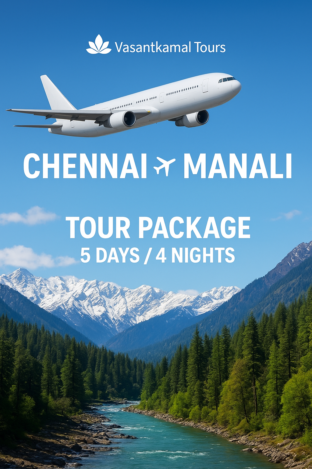Discover the perfect Himalayan escape with our 5 Days / 4 Nights Chennai to Manali via Chandigarh Tour Package. Enjoy seamless flights, private transfers, premium Manali stays, Solang Valley adventure, Atal Tunnel*, Kullu sightseeing, and Chandigarh city tour. Book your Manali holiday with Vasantkamal Tours for comfort, safety, and superior travel experiences.