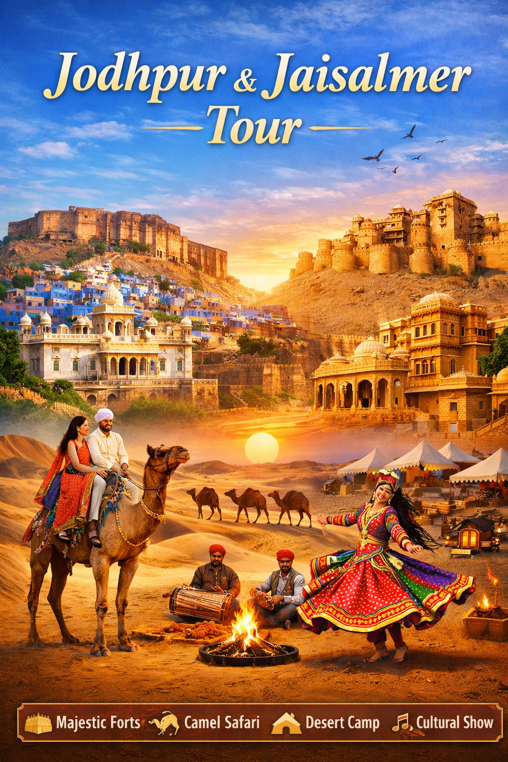 Book Coimbatore to Jodhpur & Jaisalmer tour package featuring Mehrangarh Fort, Jaisalmer Fort, Sam Sand Dunes, camel safari and desert camp stay. Perfect short Rajasthan getaway!