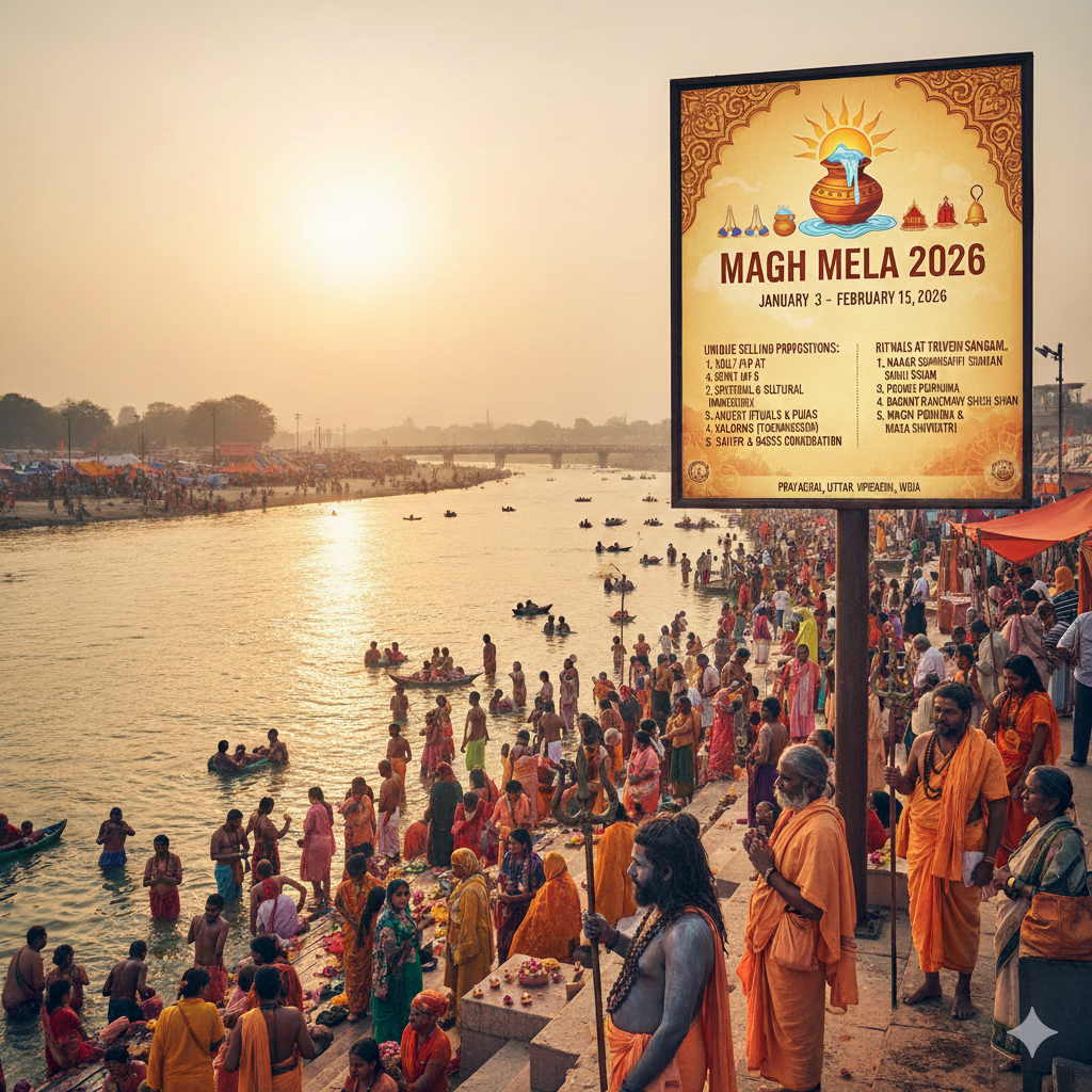 Book Magh Mela 2026 spiritual tour from Chennai. Holy bath at Triveni Sangam, Kalpvas darshan & sacred rituals in Prayagraj.