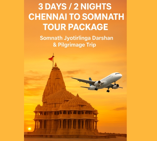 Book a divine 3 Days / 2 Nights Chennai to Somnath Tour Package with darshan at Somnath Jyotirlinga, visits to Bhalka Tirth, Triveni Sangam, Gita Mandir and Somnath Beach. Experience smooth transfers, comfortable stays and a spiritually fulfilling journey with Vasantkamal Tours.