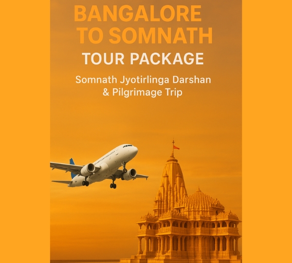 Book a divine 3 Days / 2 Nights Bangalore to Somnath Tour Package with darshan at Somnath Jyotirlinga, visits to Bhalka Tirth, Triveni Sangam, Gita Mandir and Somnath Beach. Experience smooth transfers, comfortable stays and a spiritually fulfilling journey with Vasantkamal Tours.