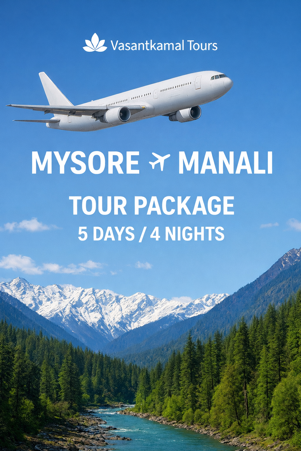 Discover the perfect Himalayan escape with our 5 Days / 4 Nights Mysore to Manali via Chandigarh Tour Package. Enjoy seamless flights, private transfers, premium Manali stays, Solang Valley adventure, Atal Tunnel*, Kullu sightseeing, and Chandigarh city tour. Book your Manali holiday with Vasantkamal Tours for comfort, safety, and superior travel experiences.
