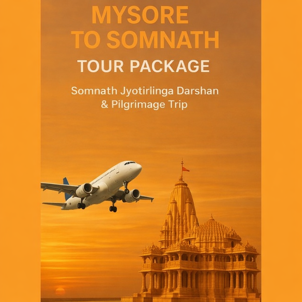 Book a divine 3 Days / 2 Nights Mysore to Somnath Tour Package with darshan at Somnath Jyotirlinga, visits to Bhalka Tirth, Triveni Sangam, Gita Mandir and Somnath Beach. Experience smooth transfers, comfortable stays and a spiritually fulfilling journey with Vasantkamal Tours.
