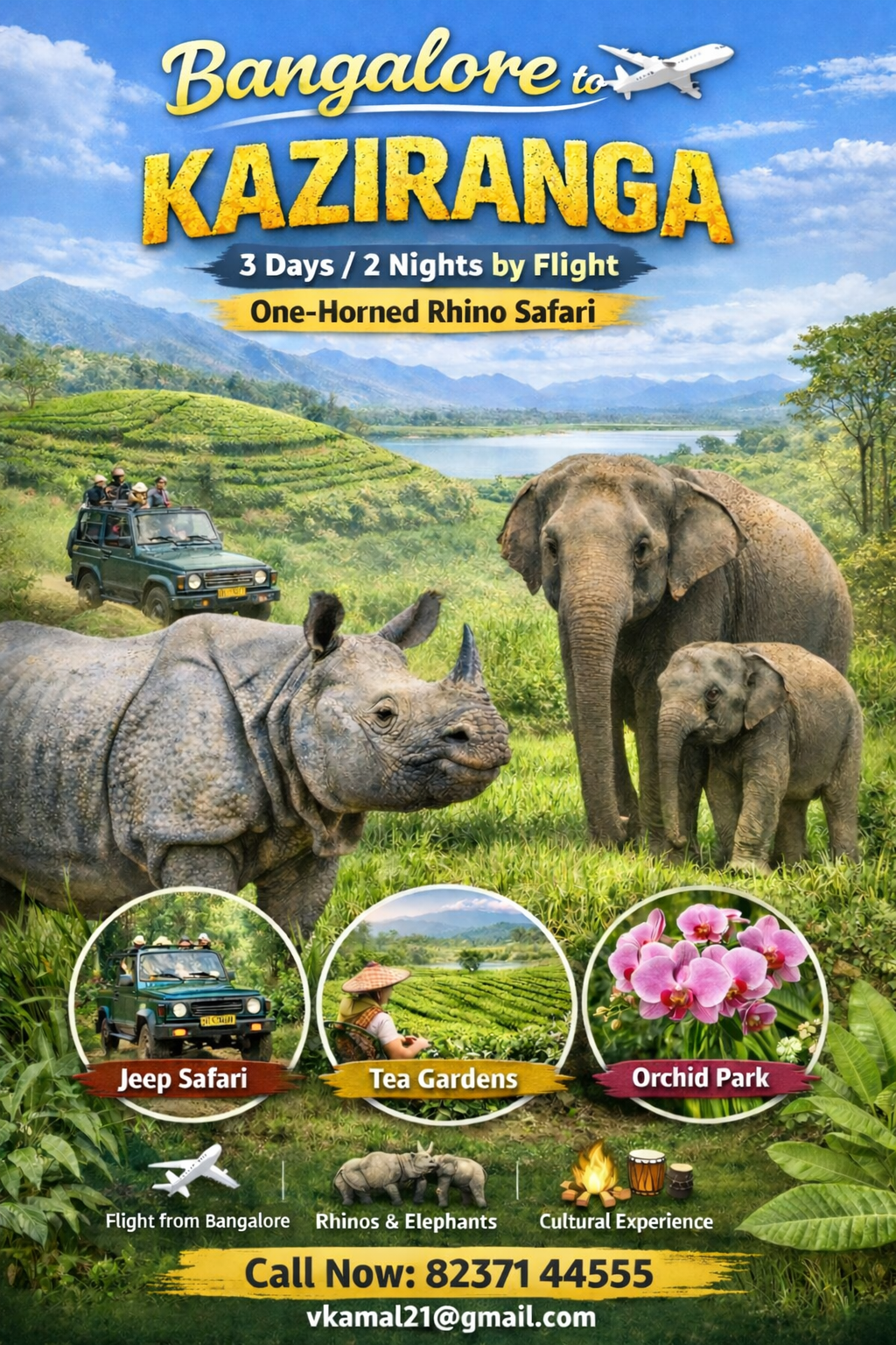 Book Bangalore to Kaziranga tour package by flight for 3 days 2 nights. Enjoy jeep safari, one-horned rhino sightings, tea gardens & comfortable jungle stay.
