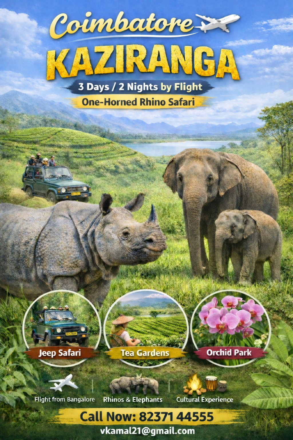 Book Coimbatore to Kaziranga tour package by flight for 3 days 2 nights. Enjoy jeep safari, one-horned rhino sightings, tea gardens & comfortable jungle stay.