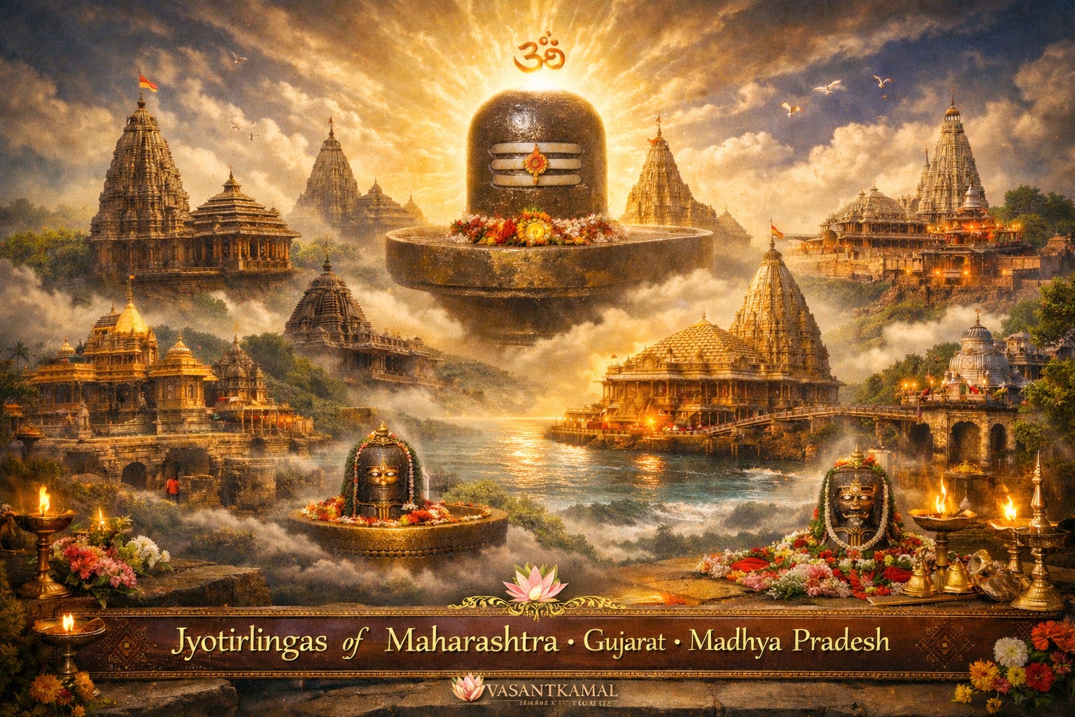 Embark on a sacred 8-day Nav Jyotirling Yatra covering all 9 Jyotirlingas – Aundha Nagnath, Parli Vaijnath, Grishneshwar, Trimbakeshwar, Bhimashankar, Nageshwar, Somnath, Omkareshwar & Mahakaleshwar. Enjoy luxury AC travel, comfortable stays, guided darshan, and curated sightseeing with Vasant Kamal Tours.