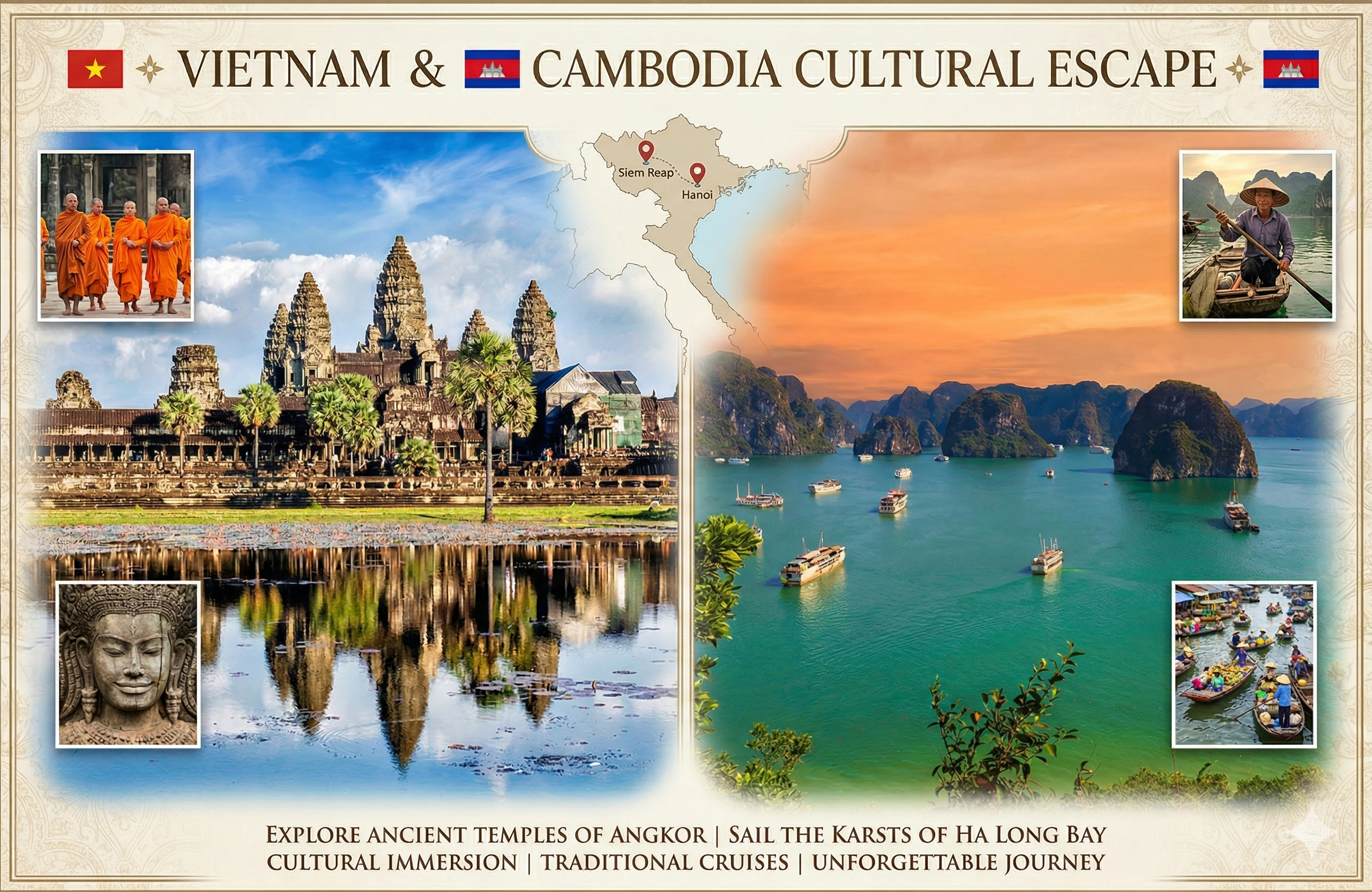 Book Vietnam Cambodia tour package from Chennai. Discover Ha Long Bay cruise, Mekong Delta & Angkor Wat in this 6 days 5 nights itinerary.
