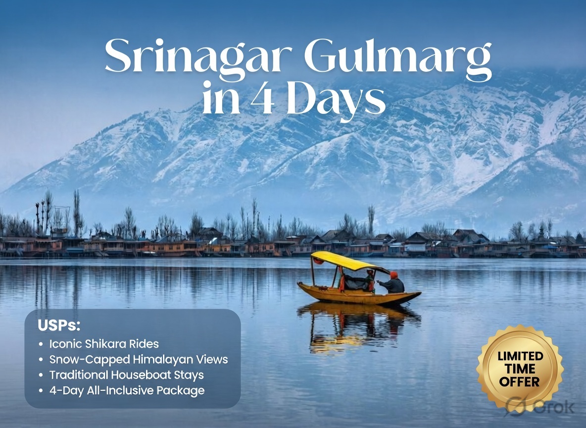 Book a 4 Days 3 Nights Kashmir tour package from Chennai covering Srinagar and Gulmarg. Enjoy 2 nights in a Dal Lake houseboat, Shikara ride, Mughal gardens and Gulmarg gondola with Vasantkamal Tours.