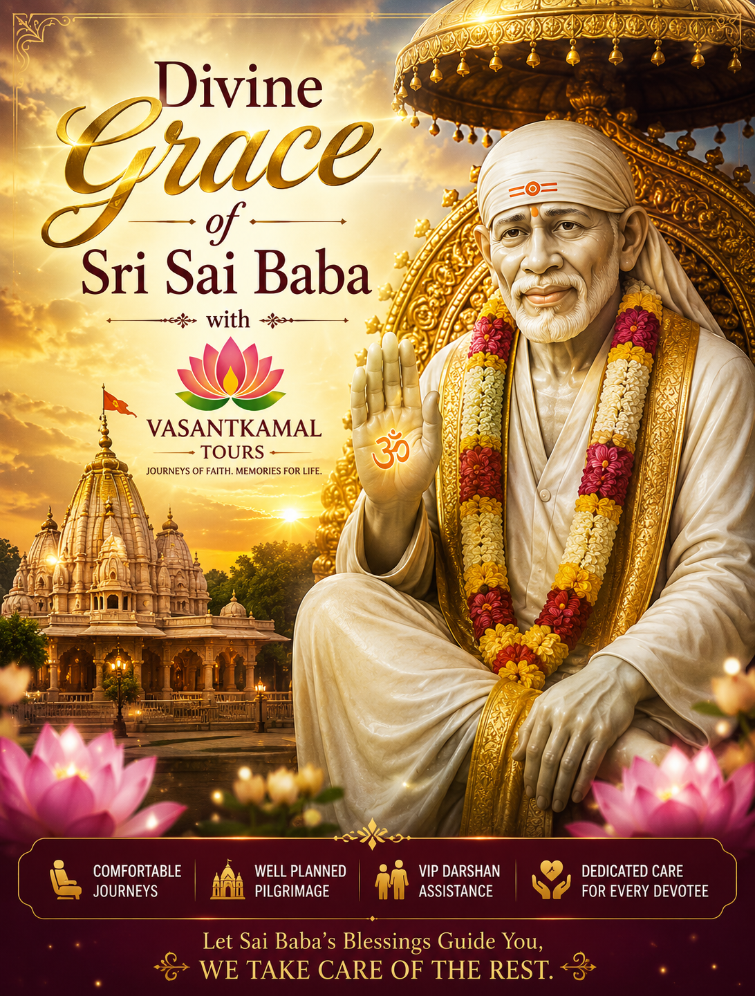 Divine Grace of Sri Sai Baba with Vasantkamal Tours – Shirdi Tour Package featuring Sai Baba Temple, Kakad Aarti, VIP Darshan, and spiritual pilgrimage.