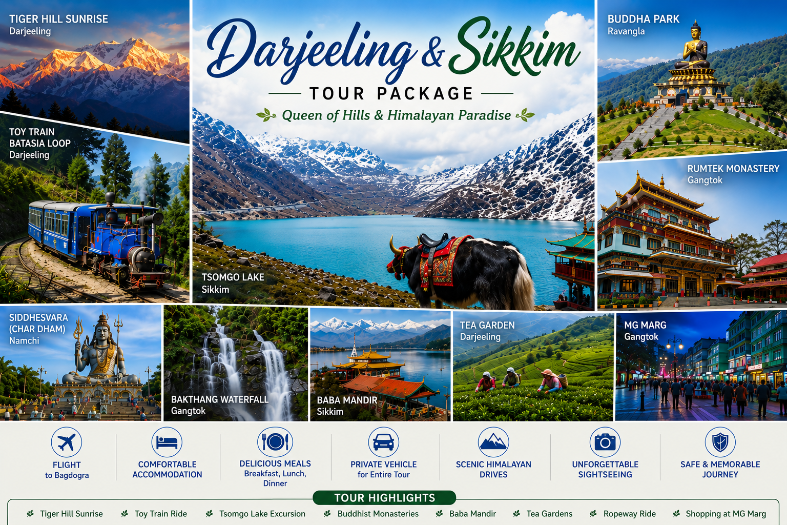 Book the best Darjeeling & Sikkim Tour Package from Hyderabad with Vasant Kamal Tours. Visit Tiger Hill, Gangtok, Tsomgo Lake, Baba Mandir & tea gardens in 8 Days.