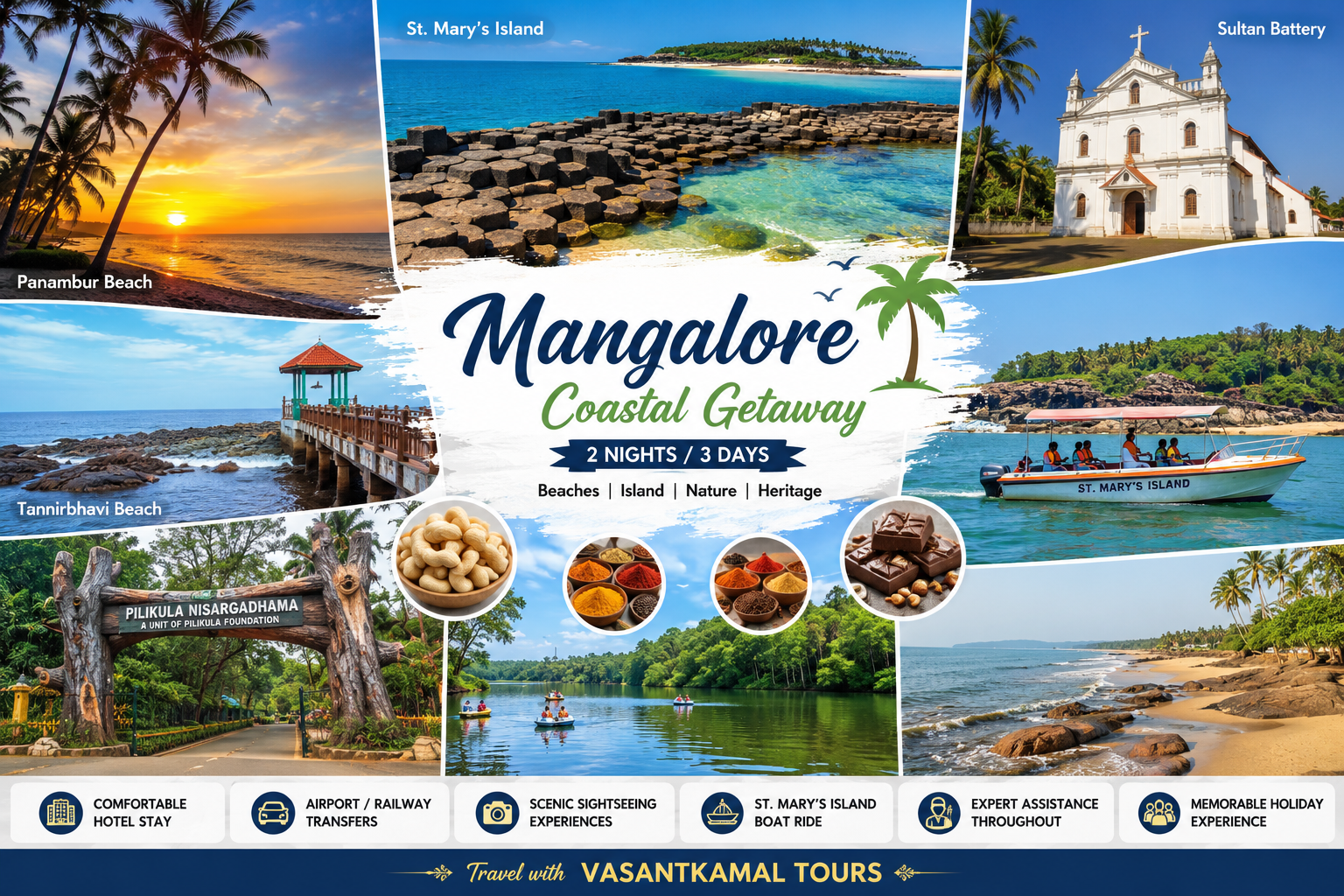 Explore the best of Coastal Karnataka with this 2 Nights 3 Days Mangalore Tour Package featuring Panambur Beach, Tannirbhavi Beach, St. Mary's Island and Pilikula Nisargadhama.